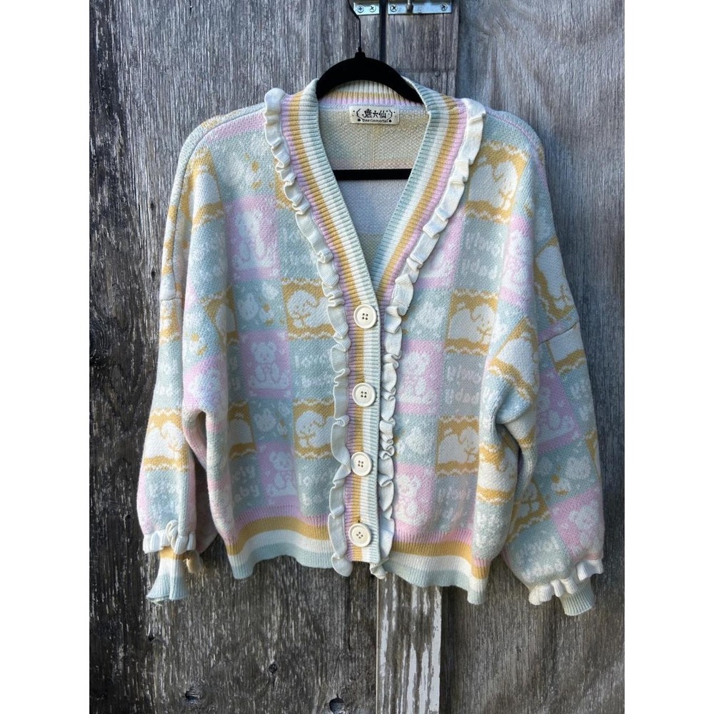 Pastel Teddy Bear Lovely Baby Cardigan Kawaii Fairy Kei Ruffle Sweater whimsical